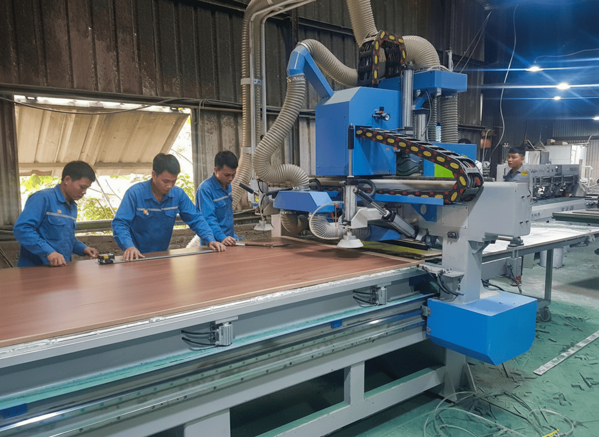 Ông hút bụi PU lõi thép mạ đồng được lắp đặt trong nhà máy sản xuất đồ nội thất gỗ